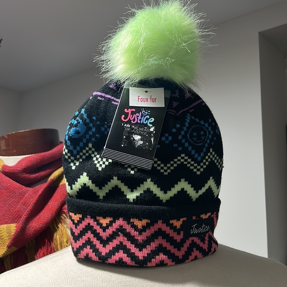 Neon Chevron Faux Fur Pom Top Beanie by Justice - Picture 8 of 8